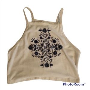 cropped, white w/ trim, blue embroidered tank